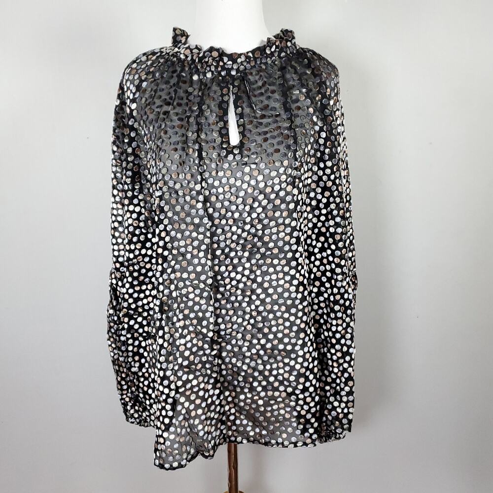 Eloquii Sheer Black Velvet Flock Dot Print Tie Keyhole Neck Ruffle Collar 18/20